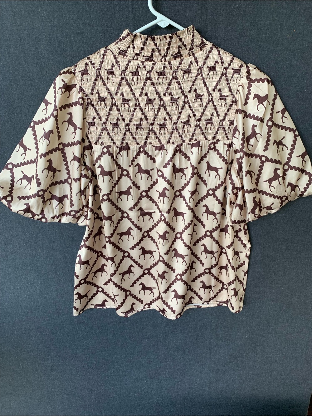 THML Smocked High Neck Horse Print Puff Sleeve Top Cream Brown Women’s Small - Picture 6 of 9
